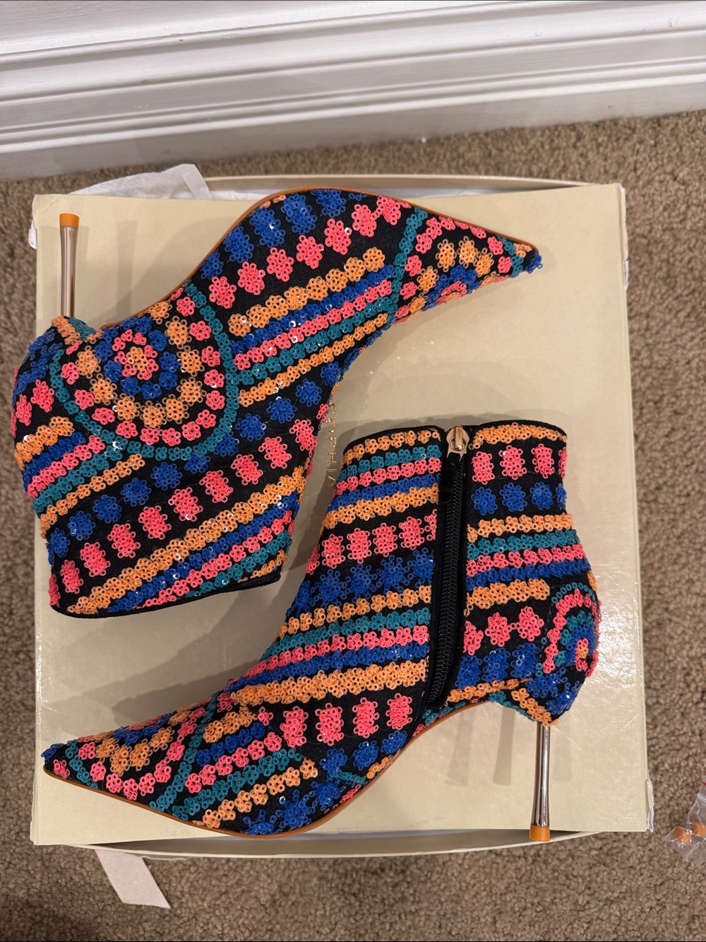 Sophia Webster Rainbow Sequin Booties 37.5 Art Deco Statement Heels NWT - Picture 5 of 10